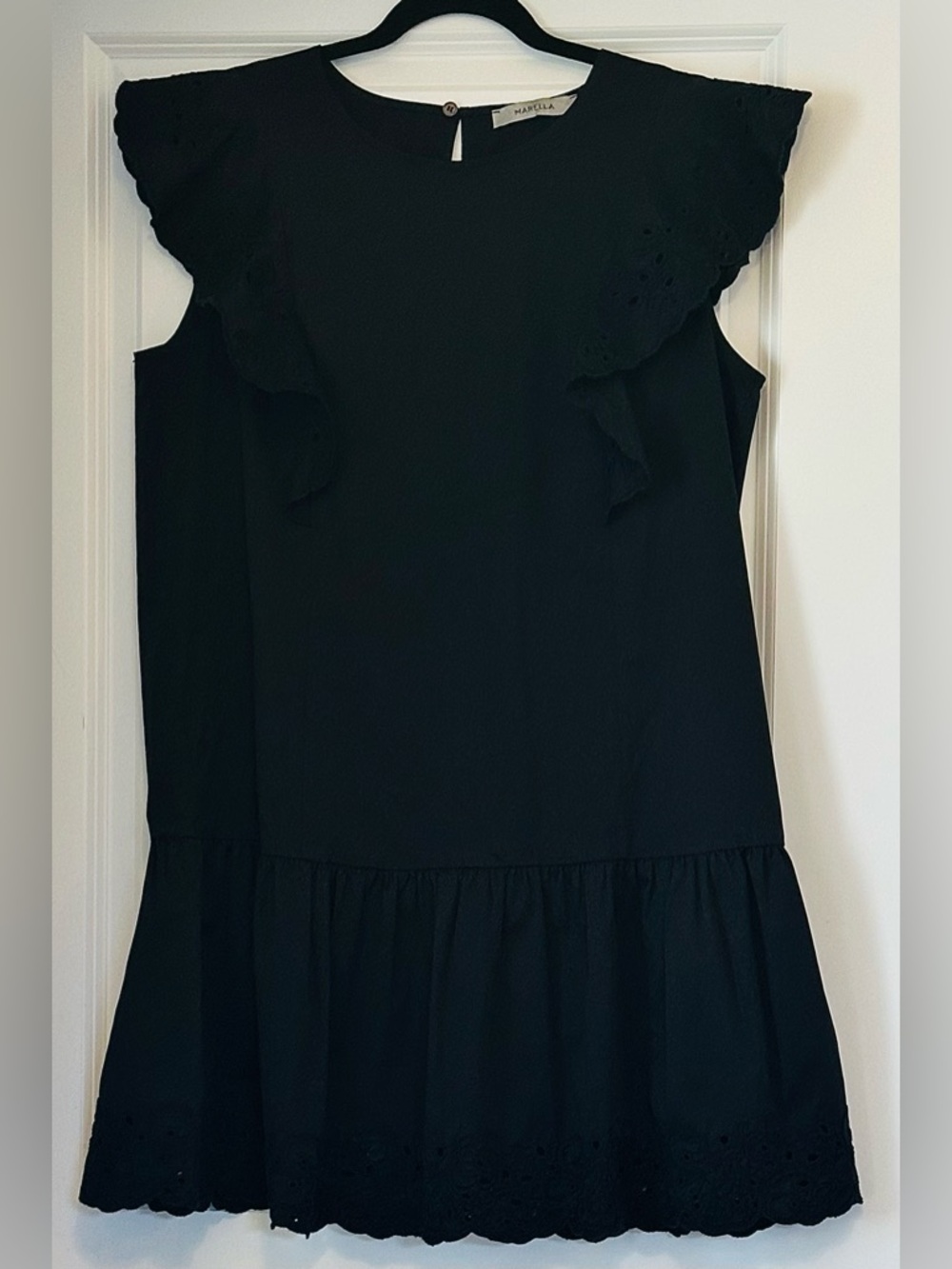 MARELLA Italy Dress Jet Black Cotton Blend Eyelet Lace Wide Cap Slv Ruffle Sz 12